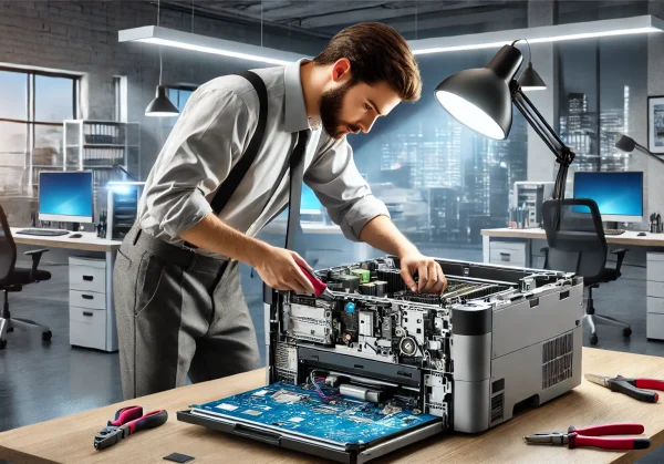 DALL·E 2024-10-23 14.14.36 - A realistic photograph of a technician repairing a printer